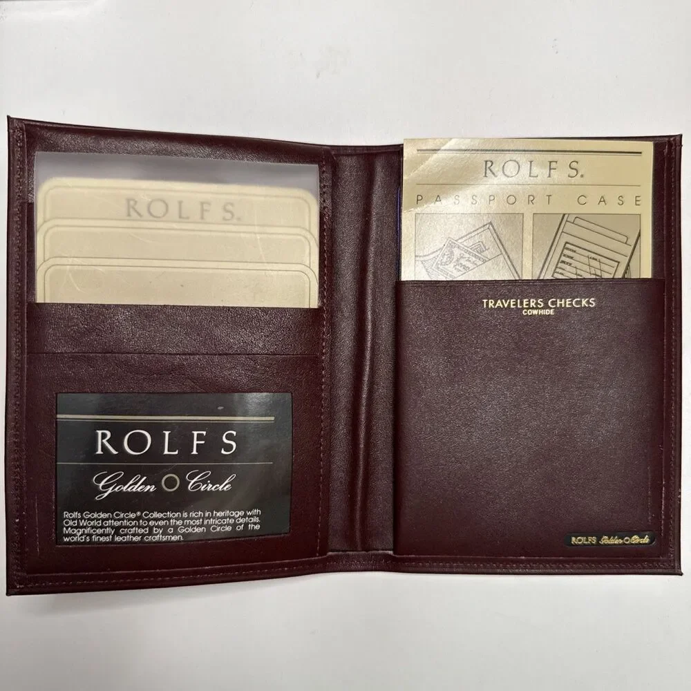 Vintage Rolfs Passport Case Billfold Mens Wine Brown Leather Golden Circle NIB